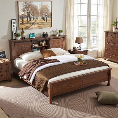 SinCiDo Farmhouse Bed Frame,w/Charging Station, Storage Bookcase Headboard,Sliding Barn Door,No Box Spring Needed, w/Wood Slats Support