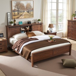 SinCiDo Farmhouse Bed Frame,w/Charging Station, Storage Bookcase Headboard,Sliding Barn Door,No Box Spring Needed, w/Wood Slats Support - 1 of 4