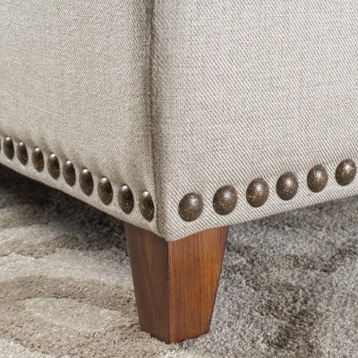 Beige Tufted Fabric Storage Ottoman with Nailhead Trim