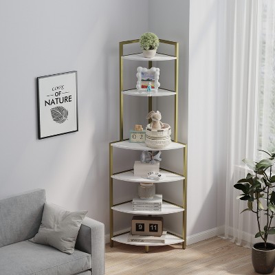 KTMBDW 6-Tier Corner Open Shelf Modern Bookcase Wood Rack Shelving Unit,Plant Album Trinket Stand Small Bookshelf for Living Room Home Office