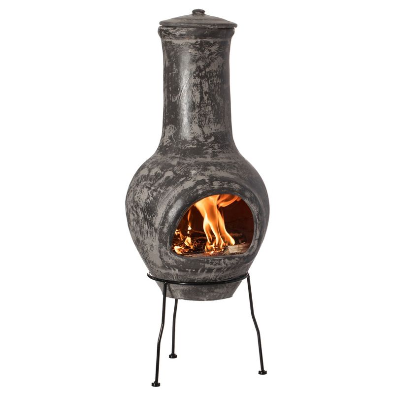 Vintiquewise Outdoor Stoney Grey Clay Chimenea Scribbled Design Fire Pit with Metal Stand, 1 of 9