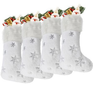 Aoibox 4 Pack White Faux Fur Christmas Stockings 17.5 Inch Silver Sequin Snowflake Fireplace Hanging Holiday Decor Large Size - 1 of 4