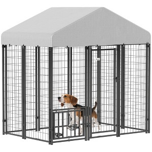 PawHut Outdoor Dog Kennel with Roof, 5.9' x 4' x 6' Heavy Duty Welded Wire Dog Playpen Fence with Rotating & 4-Level Adjustable Feeding Bowls - 1 of 4