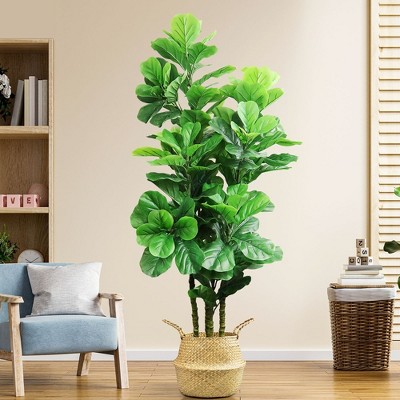 LOVMOR 6ft Artificial Tree Indoor with Woven Seagrass Plant Basket, Artificial Fiddle Leaf Fig Tree Fake Tree Faux Plant Indoor for Living Room Office