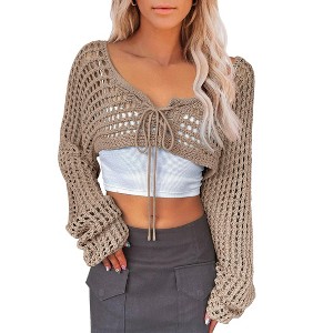 Women's Cropped Cardigan Crochet Hollow Out Crochet Sweater Tie Front Long Bell Sleeve Shrug Bolero - 1 of 4