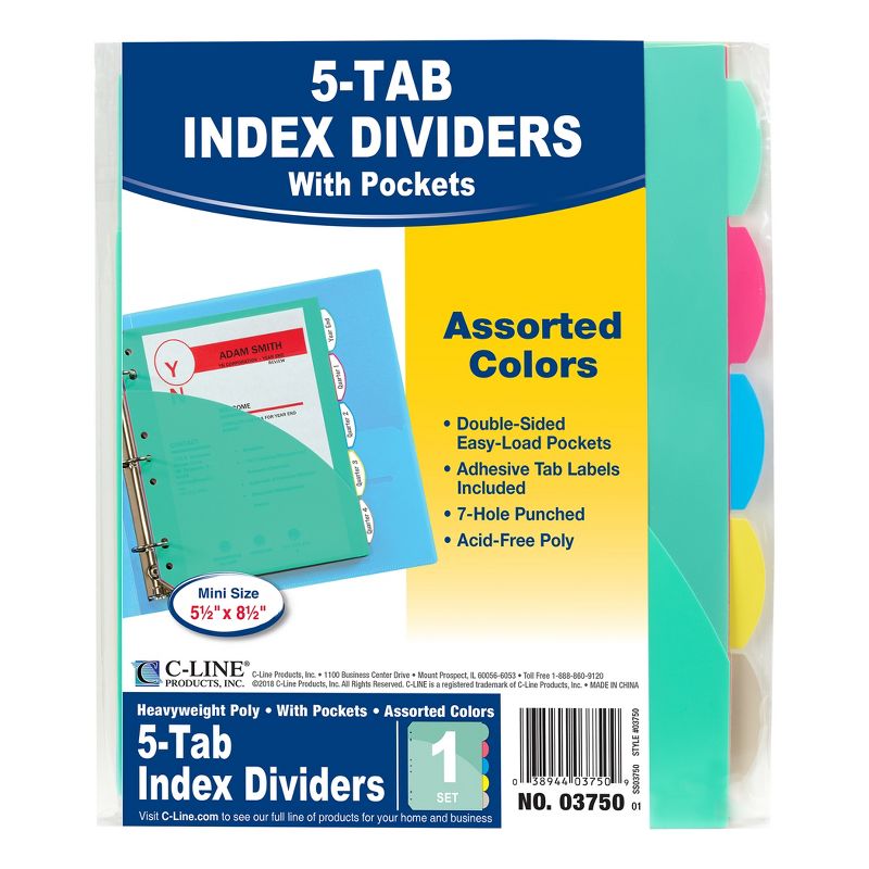 C-Line® Mini Size 5-Tab Poly Index Dividers, Assorted Colors with Slant Pockets, 12 Sets, 3 of 5