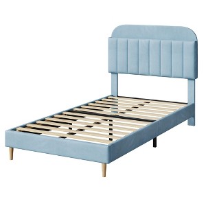 coucheta Bed Frame with Storage Headboard, Velvet Upholstered Platform Bedframe for Kids，Noise-Free, Easy Assembly - 1 of 4