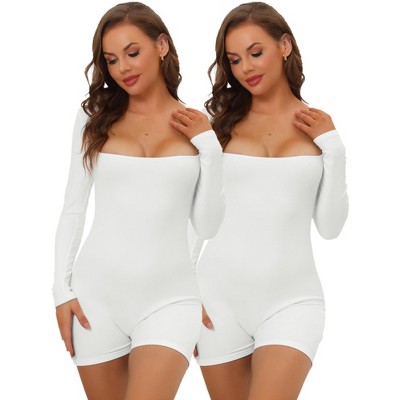 Allegra K Women's Square Neck Tummy Control Slimming Long Sleeve Full Adult Bodysuits 2 Pcs