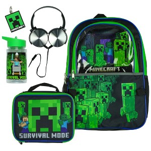 Minecraft Backpack 5-Piece Set Creeper Survival Mode Kids Book Bag 17 ...