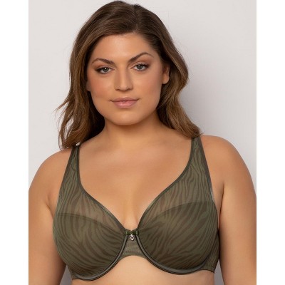 Curvy Couture Women's Sheer Mesh Plunge T-shirt Bra Olive Waves 42H