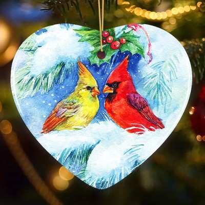 Watercolor Cardinal Mistletoe Heart Porcelain Christmas Ornament