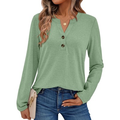 Women's 2025 Fall Long Sleeve Henley Top Dressy Casual V-Neck Blouse Trendy Loose Fit Button Up Shirts Cute T-Shirt