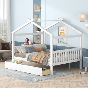 Full Size Wooden House Bed with Drawers - 1 of 4