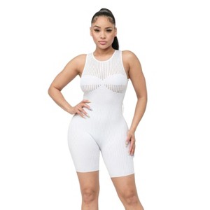 Slickblue Women's Lightweight Pointelle Romper, Soft Yarn Texture, Knit One-Piece, White/Stone/Cobalt Blue, Size S-L - 1 of 4