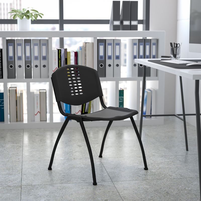 Emma and Oliver Black Plastic Office Side Stack Chair with Oval Cutout Back, 2 of 11