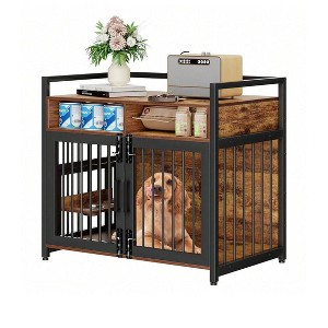 Brown-L Dog Crate Furniture With Drawers, 360° And Adjustable Raised Feeder, Furniture Large Dog Crate For Large Medium Dog Indoor - 1 of 4