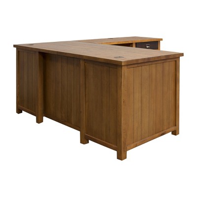 Heritage Brown Wood L-Shaped Home Office Desk with 4 Drawers