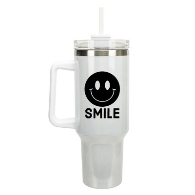 100 North Smile Happy Face Hippie Wrap-Around 40 Oz. Stainless Steel Water Bottle Coffee Mug, Spill & Leak Resistant, Travel Tumbler with Handle, Lid