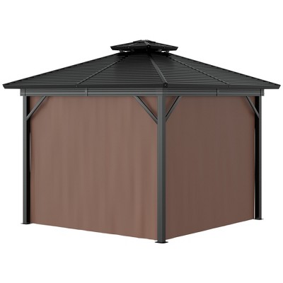 10' x 10' Dark Brown Metal Hardtop Gazebo with Mesh Sidewalls