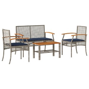 vidaXL Patio Lounge Set/Outdoor Loveseat 4 Piece - Poly Rattan with Cushions, Gray/Acacia Wood Table, Garden/Backyard/Terrace Seating - 1 of 4