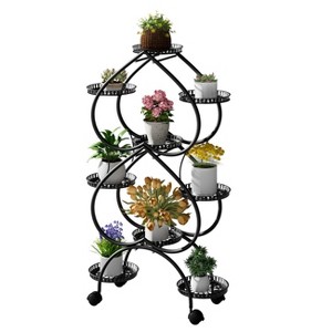 Artloge 6 Tiers Black Metal Plant Stand Movable 9 Pots Planter Display Rack Double-heart Shape Flower Holder with Wheels for Balcony & Garden - 1 of 4