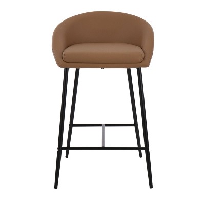 Camel Faux Leather Counter Stools with Black Metal Frame, Set of 2
