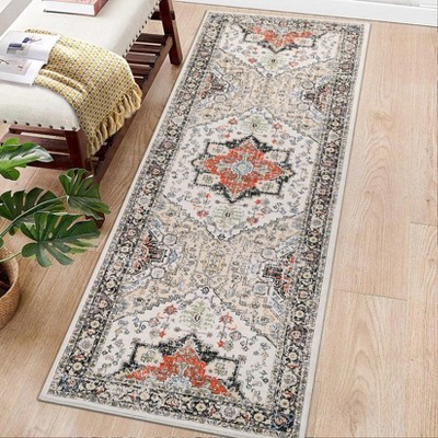 2x6 Classic Vintage Floral Accent Rug - Thin Low Pile, Non Slip, Washable, Reinforced Edges