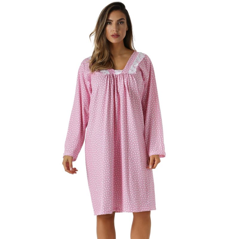 Just Love Womens Long Sleeve Cotton Nightgown - V Neck PJ Sleepwear with Lace Trim, 1 of 4