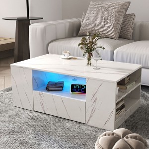 CAVINAS Minimalist Rectangular Coffee Table with LED Lights & Storage Drawers/Shelves,Marble Center Table for Living Room,Apartment - 1 of 4