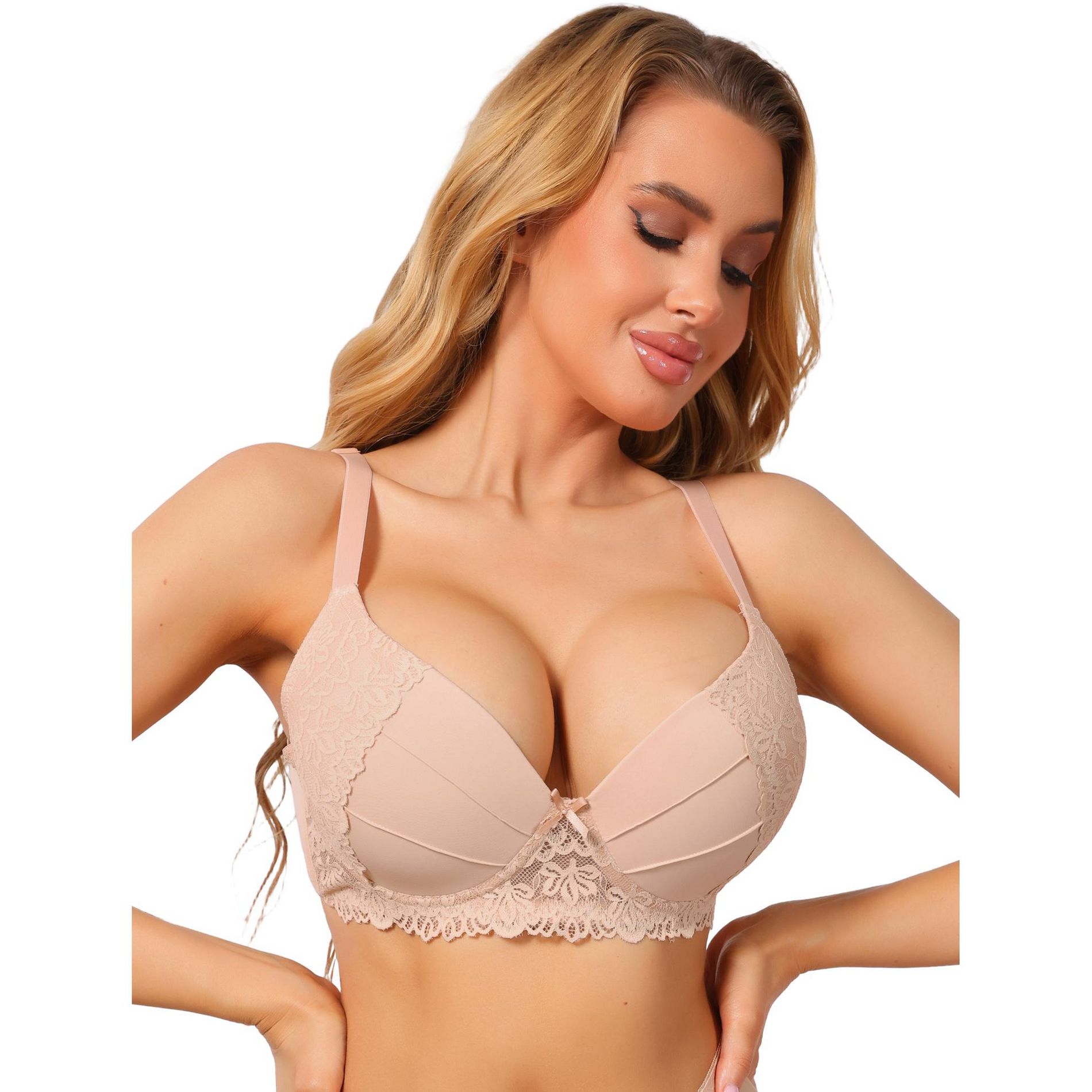INSPIRE CHIC Women's French Plunge Lace Push Up Underwire Anti-Sagging Bra Fixed Cup Adjustable Straps Lingerie Beige 36D