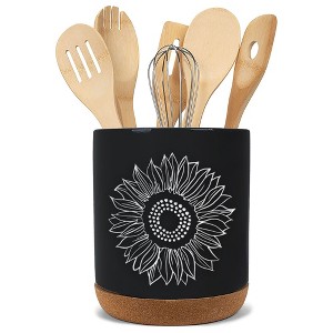 Elanze Designs Sunflower Floral Motif X-Large Cork Bottom Utensil Holder, Spatula Caddy, Crock Container, Kitchen Storage Home Decor, Sleek Black - 1 of 4