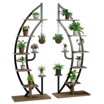Tangkula 2 PCS 6 Tier 9 Potted Metal Plant Stand Curved Stand Holder Display Shelf w/ Hook