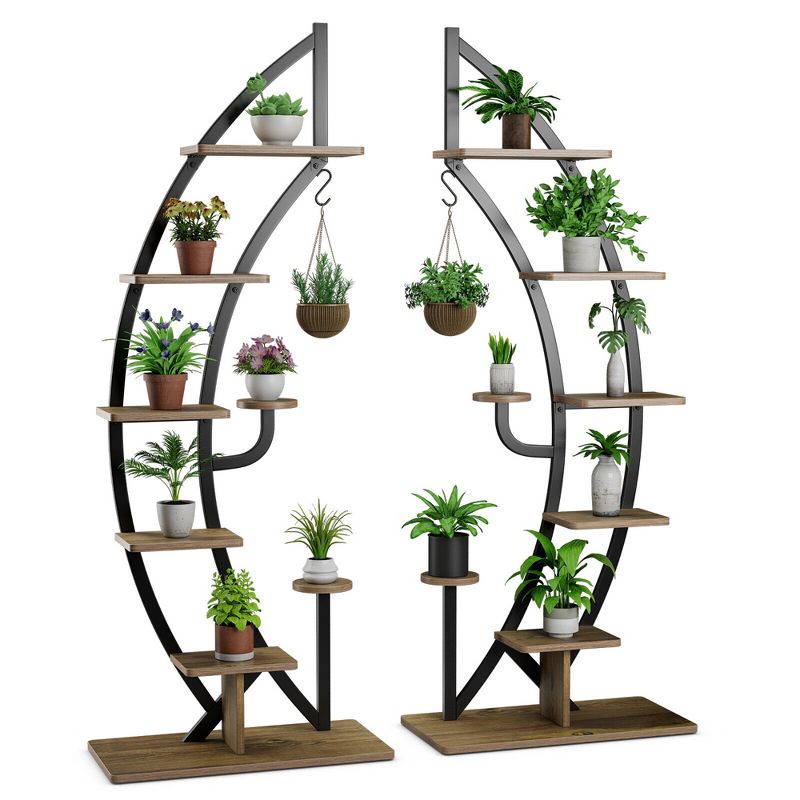 Tangkula 2 PCS 6 Tier 9 Potted Metal Plant Stand Curved Stand Holder Display Shelf w/ Hook, 1 of 10