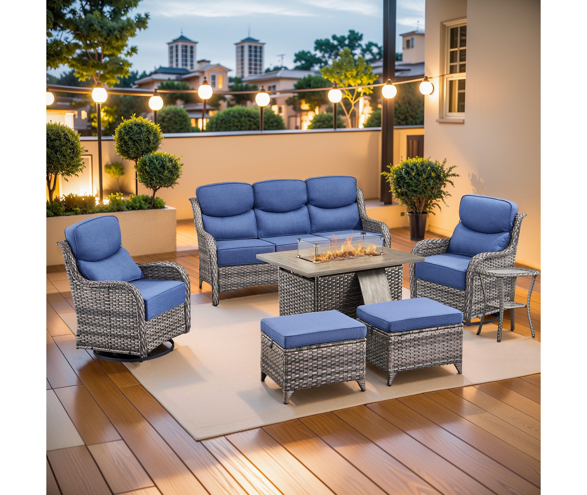 Gymojoy 7 Pieces Outdoor 6 Inch Sofa Swivel Chair Ottoman with Fire Pit Table
