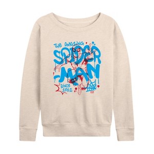 Women's - Marvel - Spider-Man Spray Paint Graffiti Lightweight French Terry Wide Neck Long Sleeve Graphic Shirt - 1 of 4