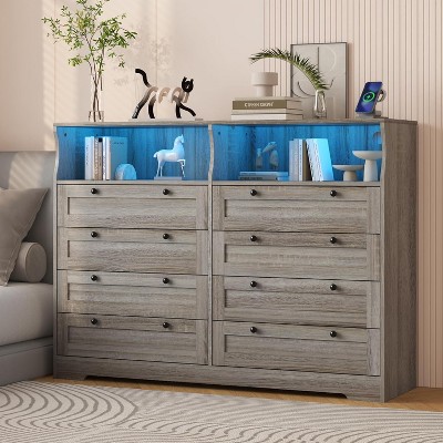 6/8-Drawer Large Wooden Dresser with Built-In Power Outlet and LED Lighting, 55-Inch Wide Chest of Drawers & TV Stand Organizer for Bedroom Storage