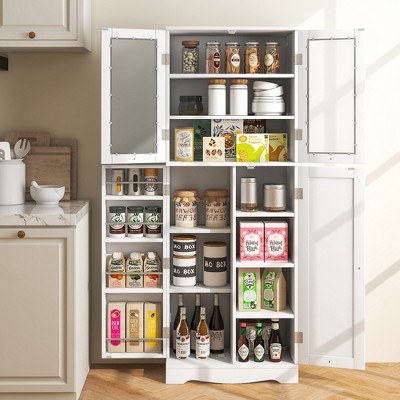 White Tall Kitchen Pantry Storage Cabinet with Glass Doors