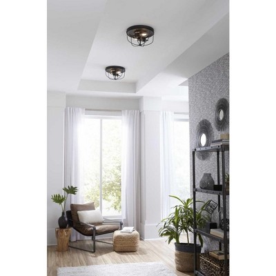 Progress Lighting Medal 2-Light Flush Mount Ceiling Light, Graphite, Industrial, Open-Cage Design