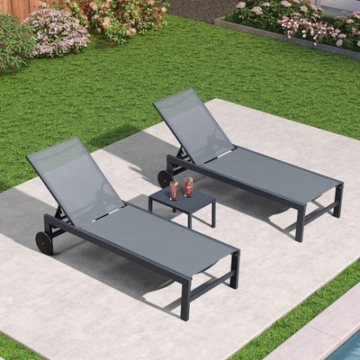 PURPLE LEAF Outdoor Chaise Lounge with Wheels for Outside 2 Pieces Aluminum Patio Lounge Chair with 5 Adjustable Position Recliner Side Table Included