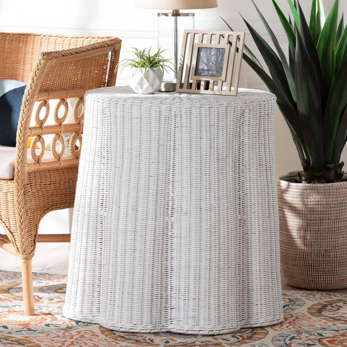 bali & pari Palm Bohemian Scalloped Rattan End Table White - thumbnail 3