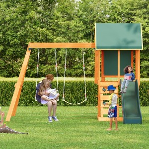 3 in 1 Swing Set Wooden Outdoor Swing Set Children Playset with Slide, 2 Swings and Climber for Garden, Backyard and Playground, Blue/Green-ModernLuxe - 1 of 4