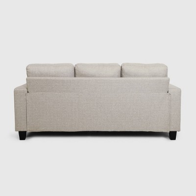 Beige Tufted Fabric Sofa with Natural Wood Legs and Sloped Arms