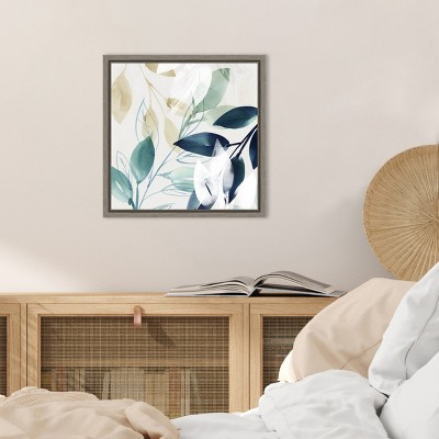 Modern Blue and Green Abstract Botanic-Inspired Framed Canvas Wall Art 16x16