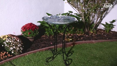 Blue Mosaic Glass Birdbath with Metal Stand, 24" Tall