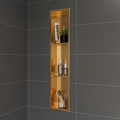 ALFI ABNP0836-BG 8Inch x 36Inch Brushed Gold PVD Stainless Steel Vertical Triple Shelf Shower Niche