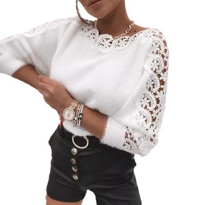 Women's Sweater Knit Top Lace Trimmed Neckline Sleeves Pullover - 1 of 3