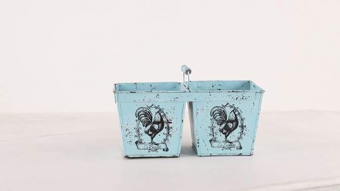 23&#34; Wide Square Planter French Country Rooster Illustration Metal with Handles Distressed Blue - Olivia &#38; May, 2 of 7, play video
