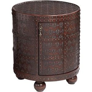 Kensington Hill Hadley Rustic Vintage Wood Round Accent Table 21 3/4" Wide with Storage Shelf Brown Petition Leather Embossed Pattern for Living Room - 1 of 4