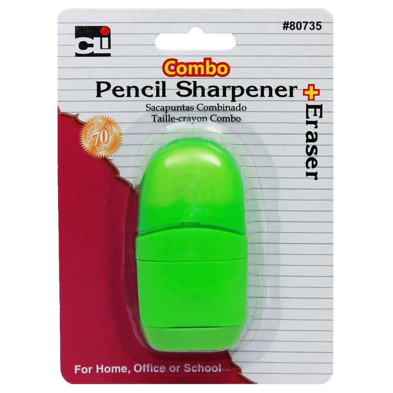 Charles Leonard Pencil Sharpener/Eraser Combo - 1 Hole with Eraser, Plastic, with Receptacle, Assorted Colors, Pack of 12, 2 of 3