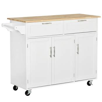 HOMCOM 48" Modern Kitchen Island Cart on Wheels with Storage Drawers, Rolling Utility Cart with Adjustable Shelves, Cabinets and Towel Rack